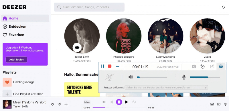 Aufnahme von Deezer starten