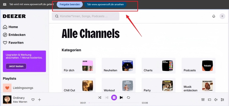 Aufnahme während der Wiedergabe von Deezer-Musik