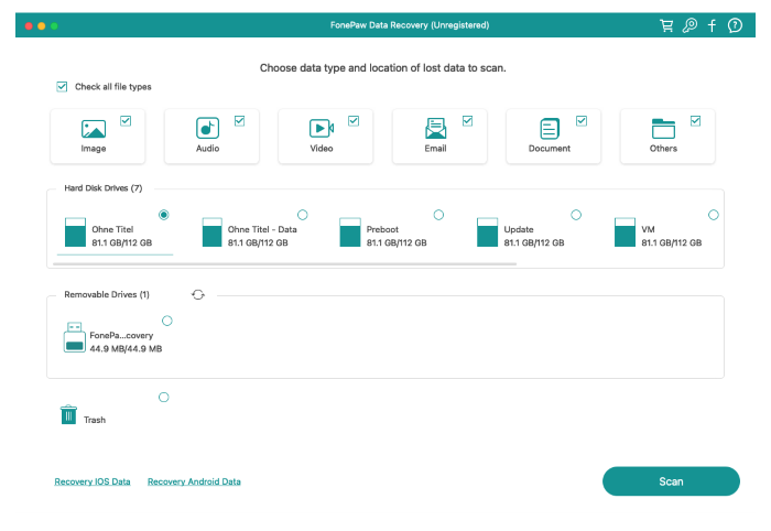 Choose Location of Lost Data to Scan