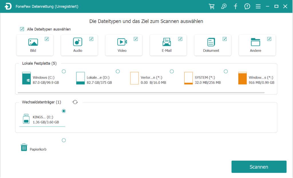 Externe-Festplatte mit Fonepaw scannen