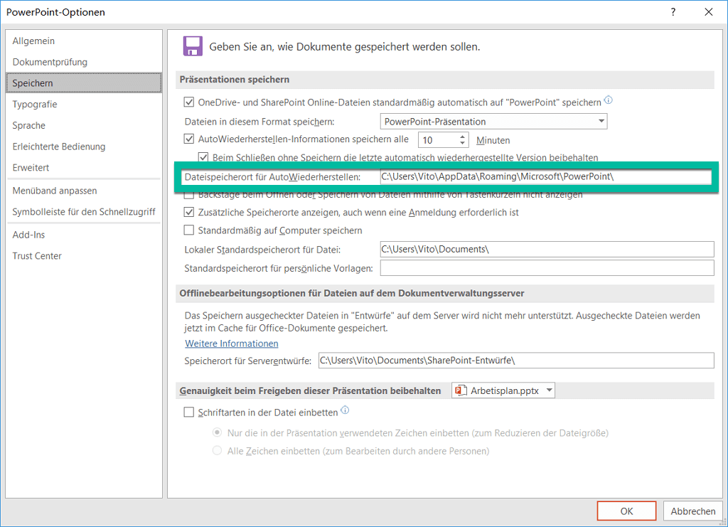 Dateispeicherort für Autowiederherstellen einstellen PowerPoint