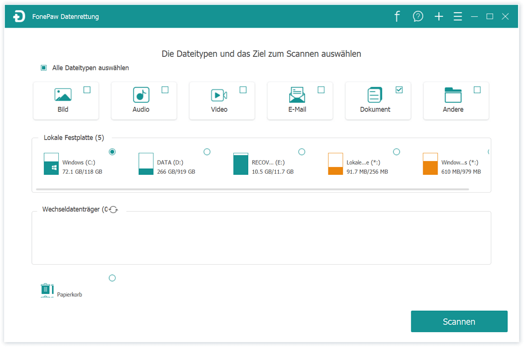 Datentyp Dokument zum Scannen auswählen