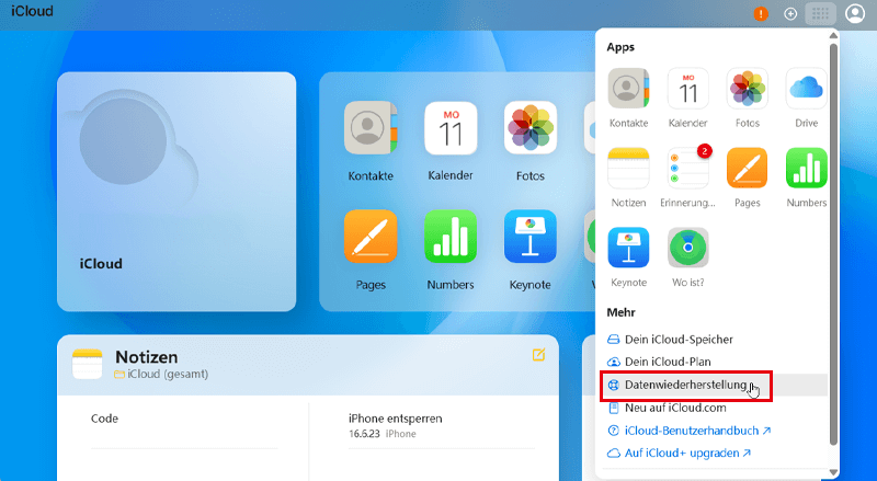 iCloud Datenwiederherstellung Funktion öffnen