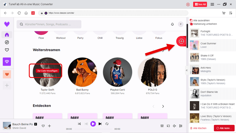 Deezer Musik zur Konvertierungsliste hinzufügen