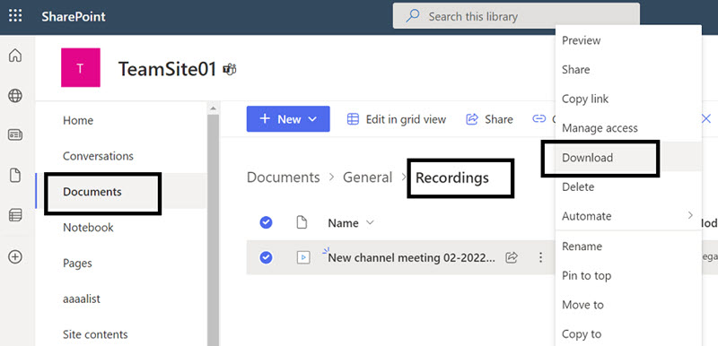 下載 Teams 錄製的影片檔