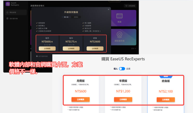 EaseUs RecExperts 官網與軟體內部價格不同