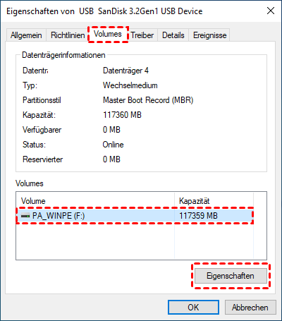 Eigenschaften des USB-Sticks ansehen