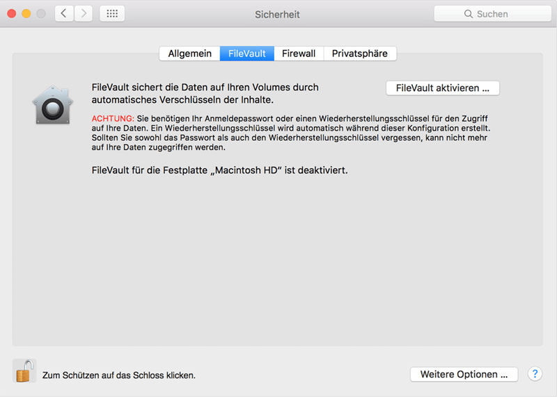 Festplatte entschlüsseln mit FileVault