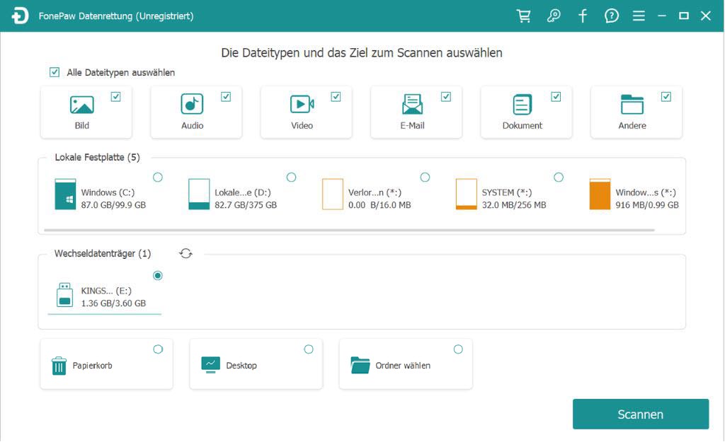 FonePaw Externe Festplatte scannen