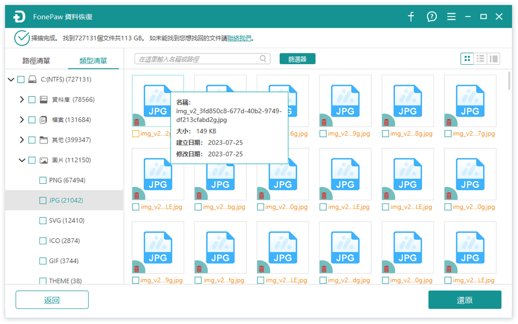 FonePaw 預覽掃描結果