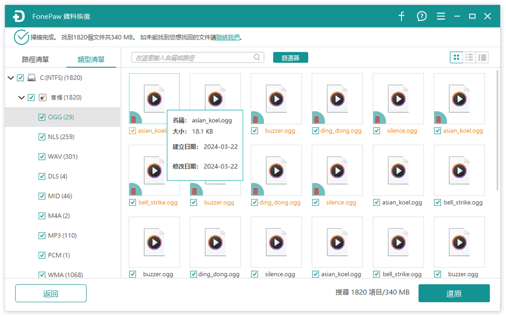 預覽音訊檔資訊