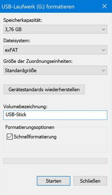 Formatierung des USB-Sticks starten