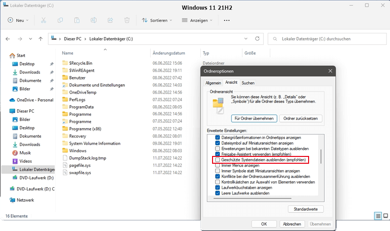 „Geschützte Betriebssystemdateien ausblenden“ deaktivieren