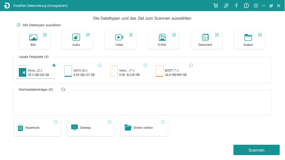 Windows System mit FonePaw scannen