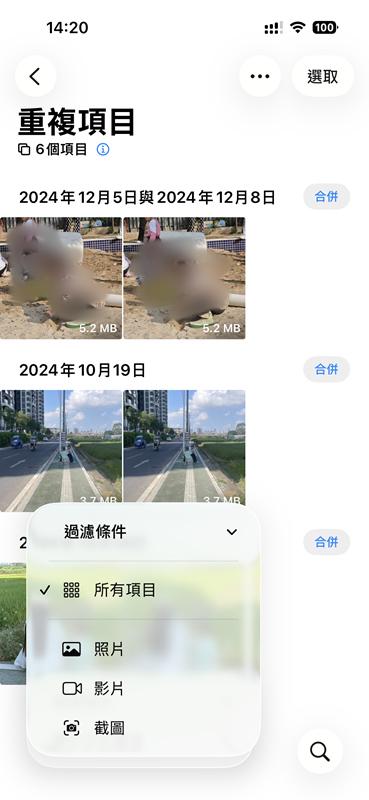 過濾條件篩選 iPhone 重複照片類型