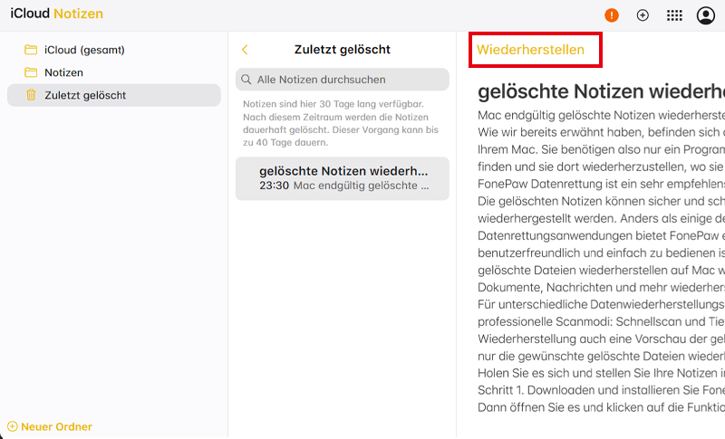 Mac Notizen wiederherstellen von iCloud