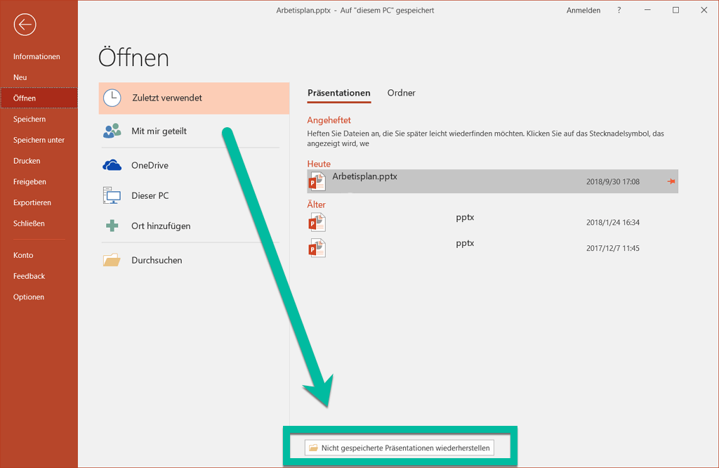 Nicht gespeicherte Präsentation wiederherstellen PowerPoint