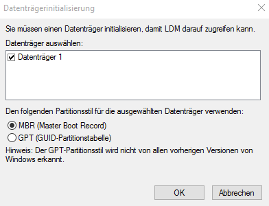 Partitionsstil für Datenträger wählen