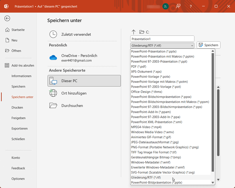 PowerPoint Datei als RTF Datei speichern