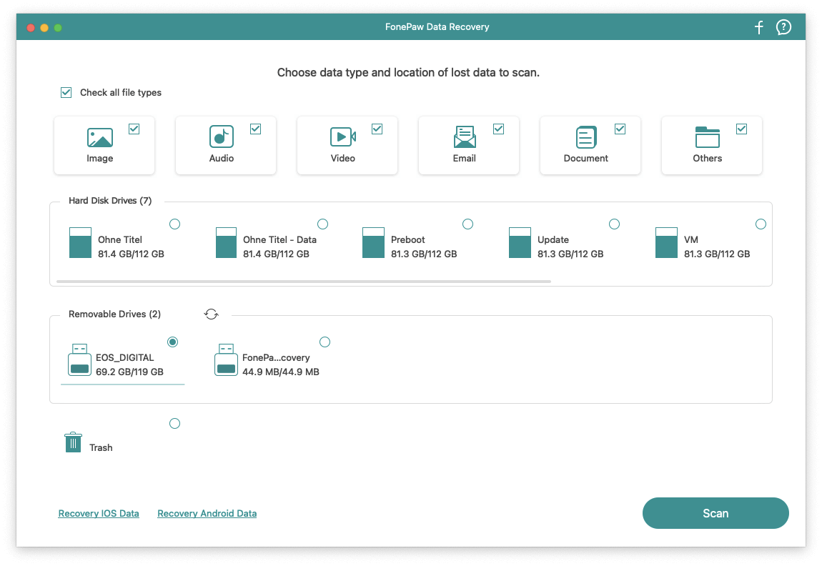 Select Data Type and the Drive to Scan