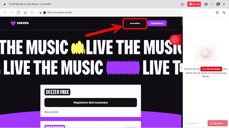 Sich mit Deezer Musikkonton anmelden