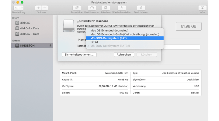 USB nach FAT32 formatieren Festplattendienstprogramm Mac