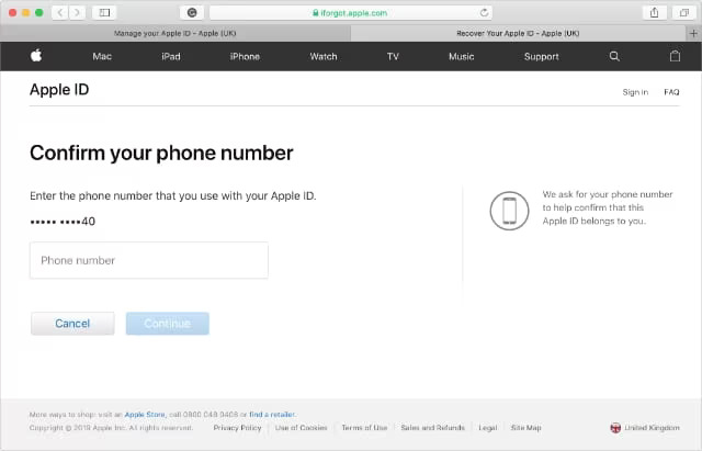 Confirm Phone Number in iForgot