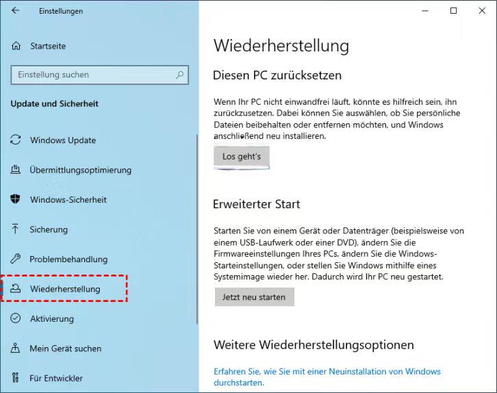 Wiederherstellungsseite aufrufen